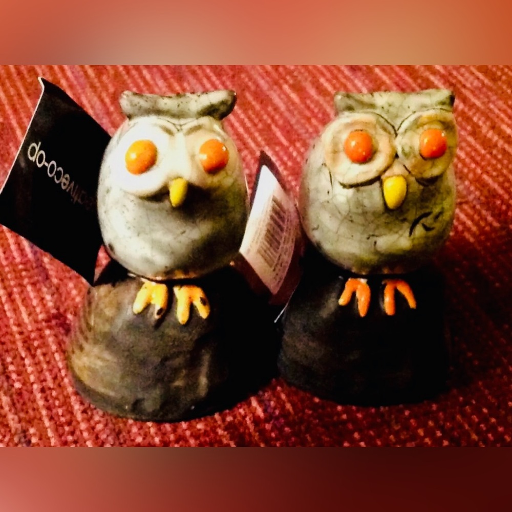 Creative Co-Op Pottery Owl Figurine Set of 2 Clay Orange Eyes 3.5" Tall